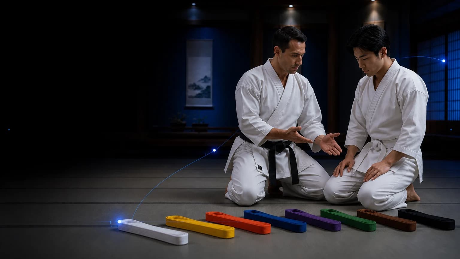 Karate belts arranged as kyu and dan stages on an indigo dojo mat without claiming one universal colour order