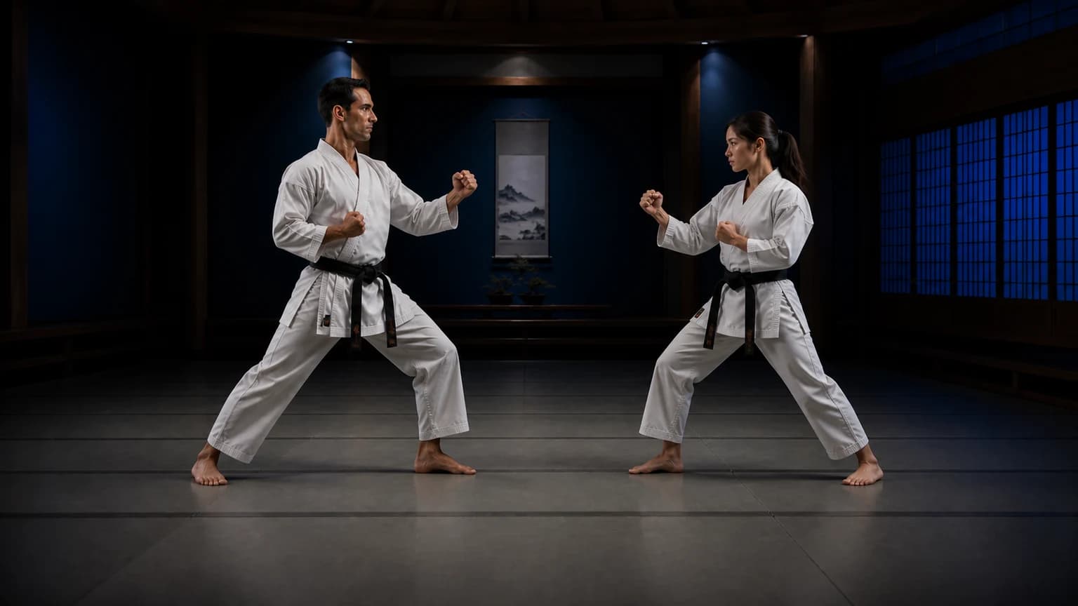 Two karate students hold controlled sparring distance in an indigo and blue dojo