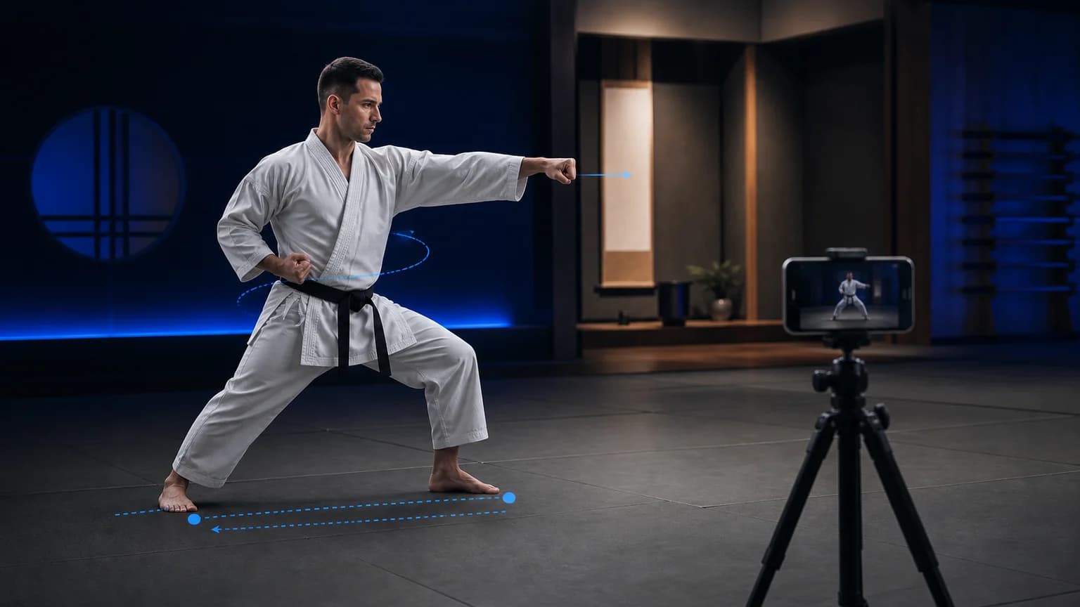 Karateka nagrywa linię kata w pełnym kadrze przy stabilnym telefonie w ciemnoniebieskim dojo