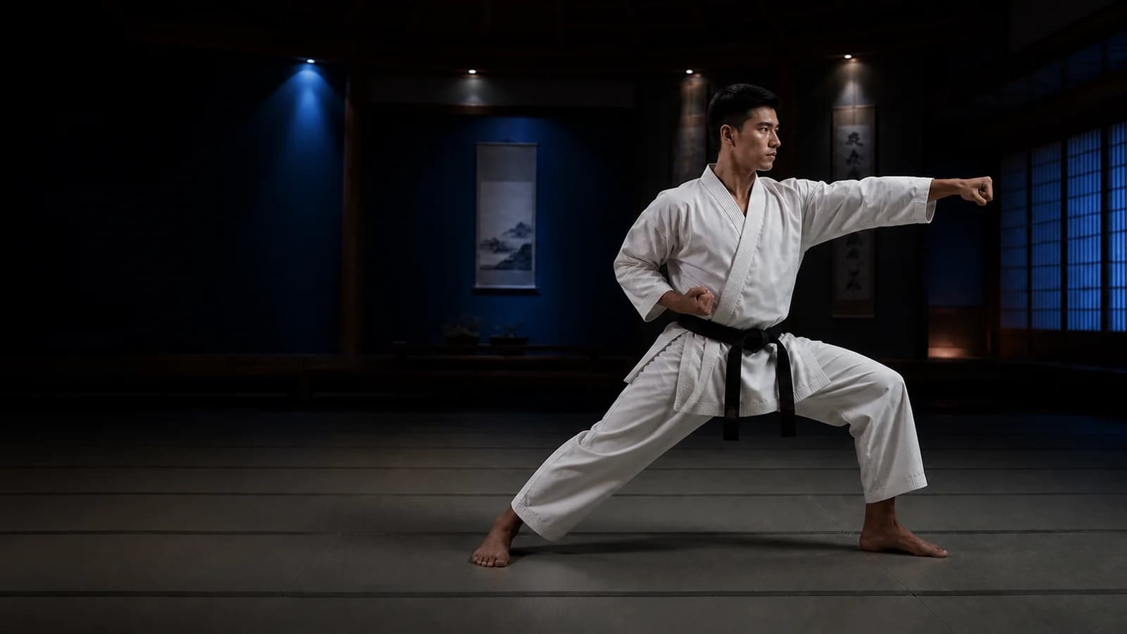 A Kyokushin karate class in a dojo, with students practicing kihon in a line while an instructor observes.