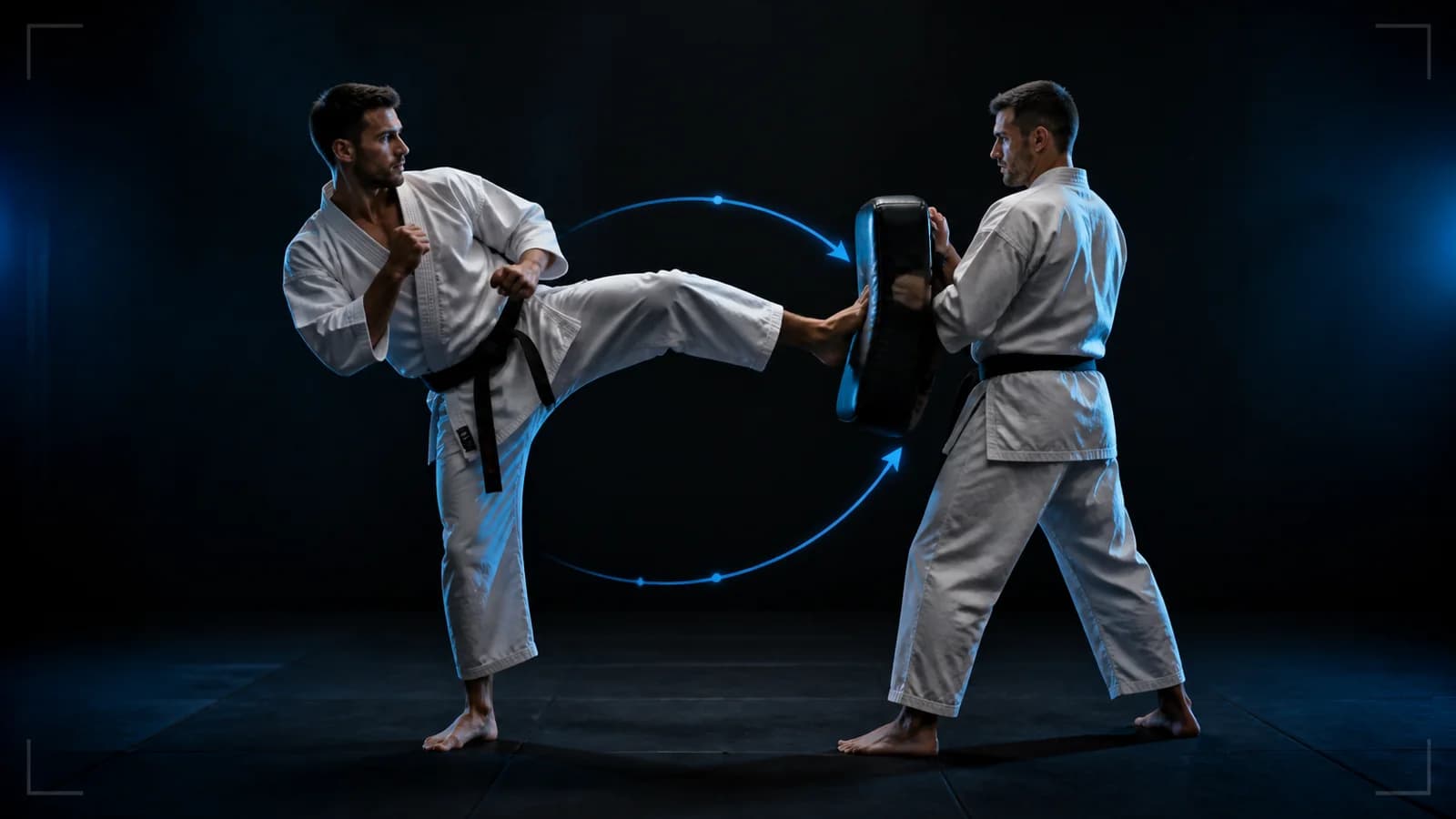 Karateka, destek ayağını pivot yaparak ve gardını koruyarak mindere kontrollü bir mawashi geri uyguluyor