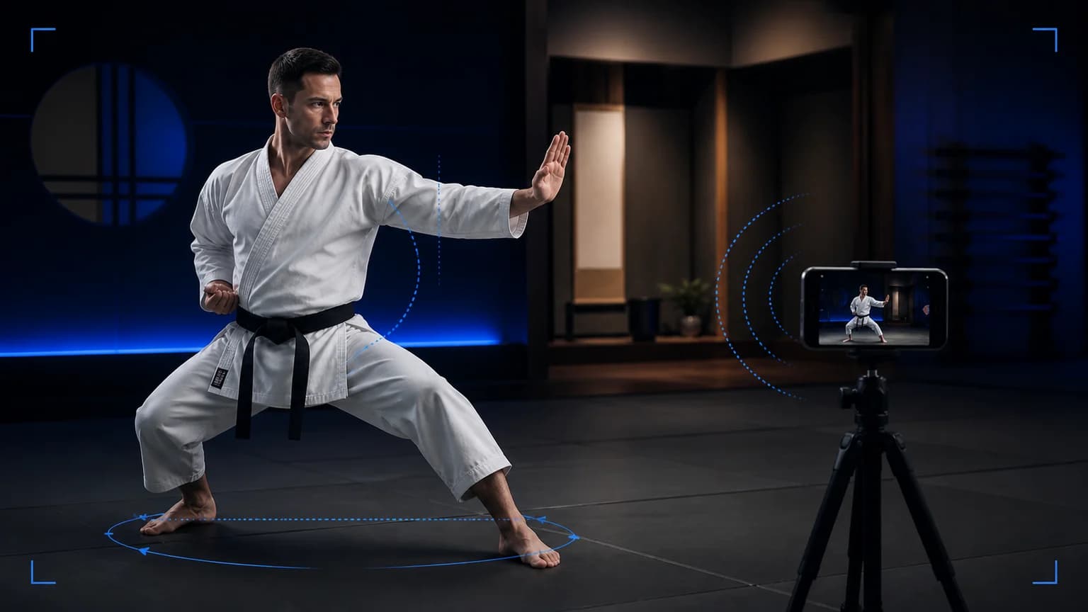 Karateka im weißen Gi prüft neben einem stabilen Telefon in einem dunkelblauen Dojo eine Kata-Aufnahme