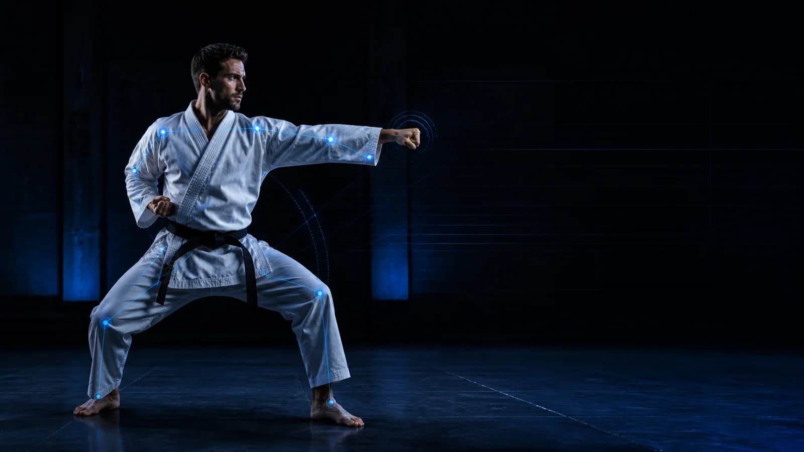Widok analizy karate AI przedstawiający karatekę wykonującego gyaku zuki ze stabilnej pozycji wykrocznej